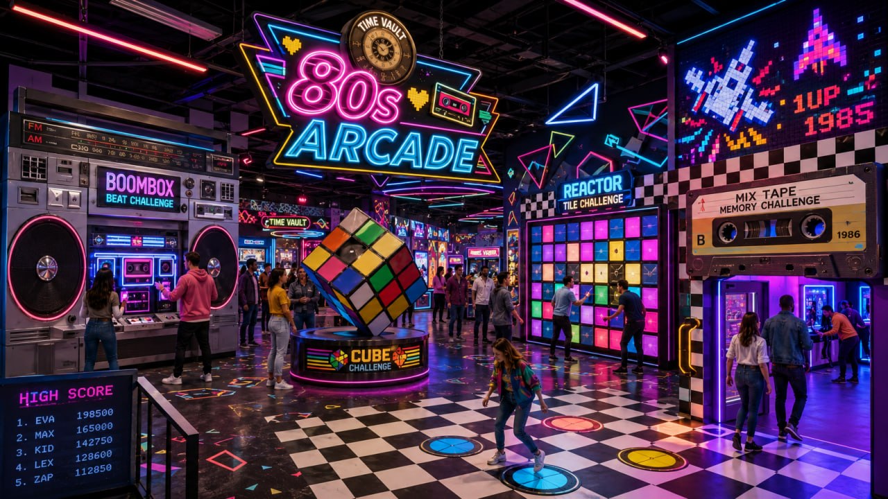 80s Arcade era — neon synthwave arcade