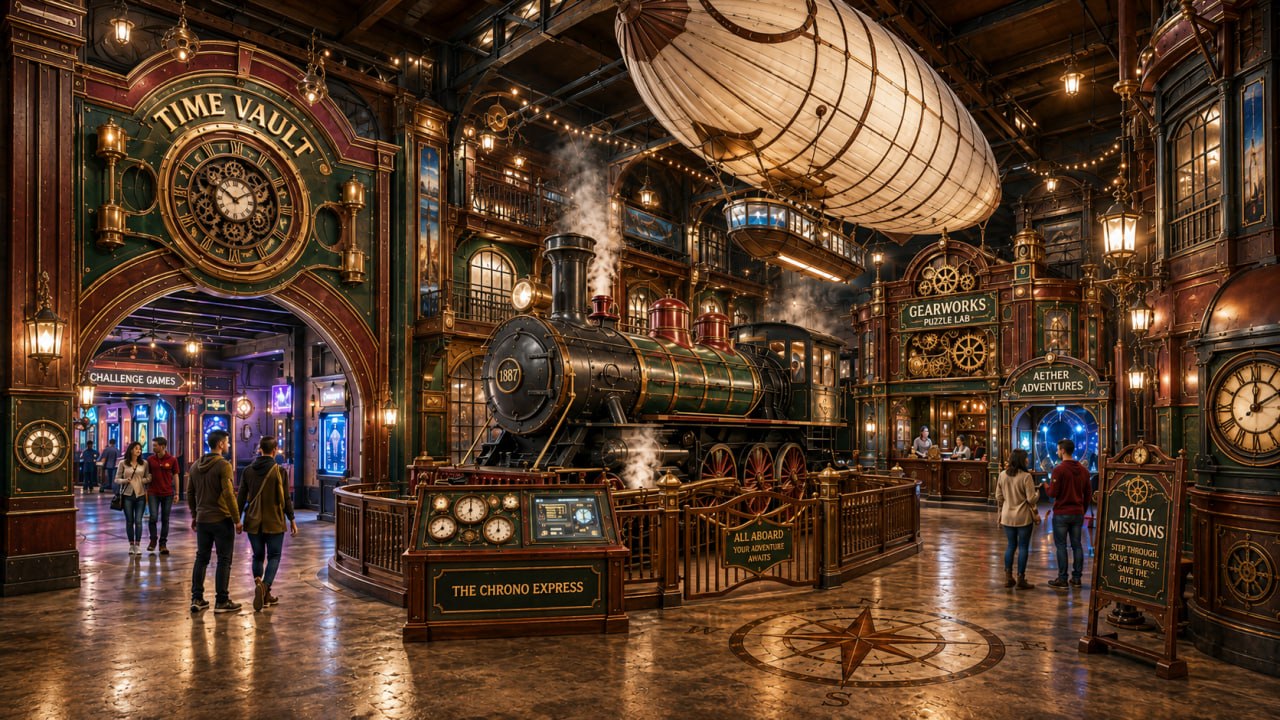 Steampunk era — Victorian world with a full-size locomotive and airship
