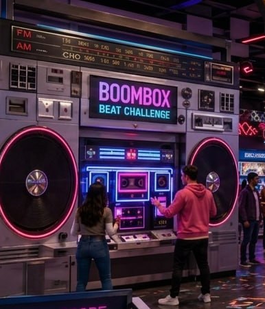 Boombox Beat Challenge — a wall-sized retro boombox rhythm game