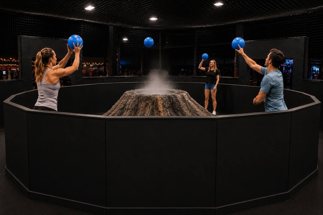 The Geyser — a Wild West arena game where players ring an erupting geyser and fire balls into its mouth