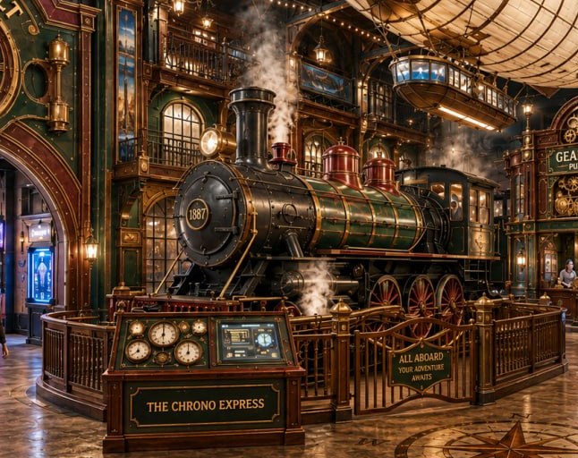 The Chrono Express — a full-size steampunk locomotive centerpiece