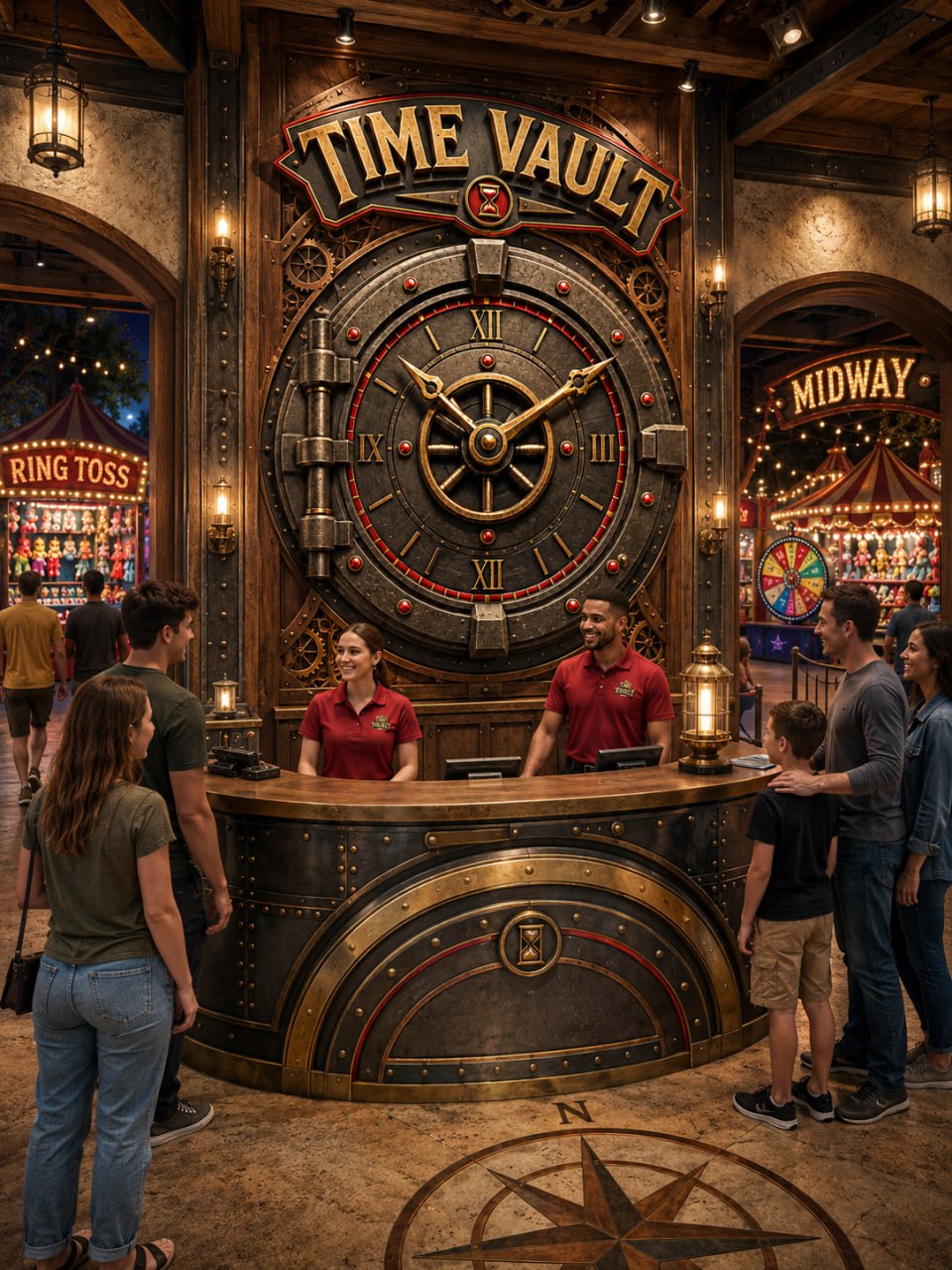 Time Vault reception — the clock-face vault door check-in desk